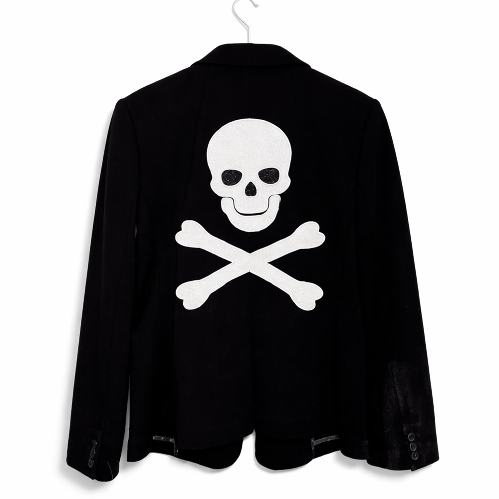 Upcycled Black Blazer Skull & Crossbones Back Graphic Punk Goth Statement Jkt M